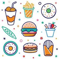 fast food icons set, including hamburger, fries, donut, ice cream, and more vector