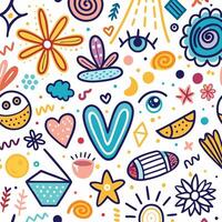 seamless pattern with colorful doodles and flowers vector