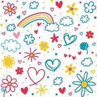 a colorful pattern with hearts, flowers and clouds vector
