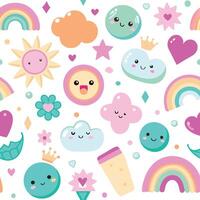 cute kawaii seamless pattern with rainbows, clouds, hearts and sun vector