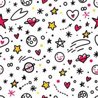 a seamless pattern with stars, hearts and planets vector