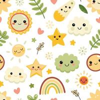 cute sun, rainbows, clouds and hearts seamless pattern vector