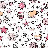 a pink and white space pattern with stars, planets and hearts vector
