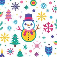 a snowman and christmas tree are surrounded by snowflakes and other decorations vector