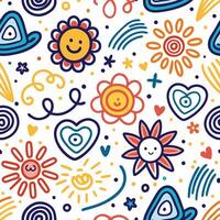 a colorful pattern with sun, flowers and hearts vector