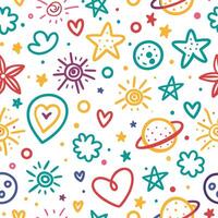seamless pattern with colorful stars, hearts and planets vector