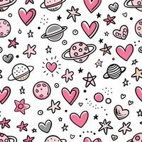 a pink and white space pattern with hearts and planets vector