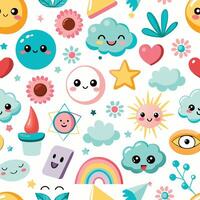 seamless pattern with cute cartoon faces and clouds vector