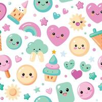 cute kawaii seamless pattern with hearts, ice cream, and other items vector