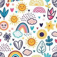 a colorful pattern with sun, rainbows, hearts and clouds vector