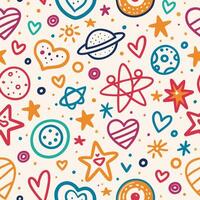 a colorful space pattern with hearts, planets and stars vector