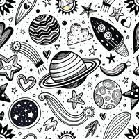 a black and white space themed pattern with planets, stars and other objects vector