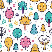 seamless pattern with cute trees and flowers vector