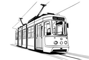 A drawing of a tram on the tracks vector