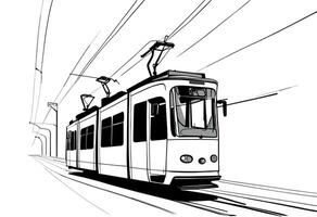 A drawing of a tram on the tracks vector