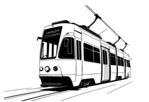 A black and white drawing of a tram on the tracks vector