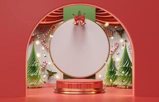 Red and green Merry Christmas event product display podium with decoration background 3d rendering photo