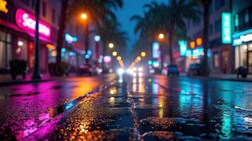 night view of the city, Empty background scene Dark street reflection on wet asphalt Rays of colorful neon light Abstract dark and colorful neon background photo