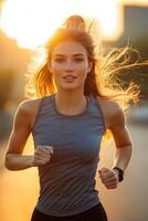 young woman jogging in the city at sunset photo