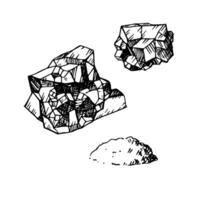 Engraved illustration of mineral Salt and handful of table salt. Hand drawn Halite, natural element, culinary spice, food ingredient for soda, chlorine. For label, logo, card, print, paper vector