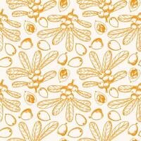 Loquat plant hand drawn seamless pattern. Repeating background of Eriobotrya japonica fruits, leaves, branch. Backdrop for textile, wrapping, paper, logo, label, print, paper, card vector