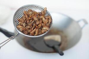 Crispy fried intestines on colander. Concept, Weird food cooking. Delicious menu in Thailand. Best to eat with beer or eat as appetizer. photo