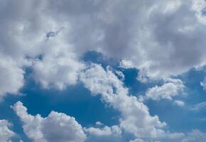 Sky background image. Bottom up view of beautiful blue sky and white clouds at noon in summer. photo