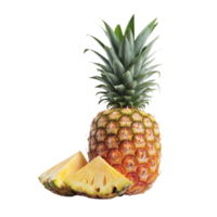 A single pineapple accompanied by several sliced pieces on a transparent backdrop png