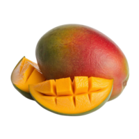 one mango and several mango slices on a transparent background png