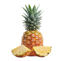 A whole pineapple paired with several slices on a see-through background png