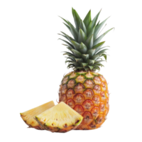 A whole pineapple with multiple slices displayed on a clear background png