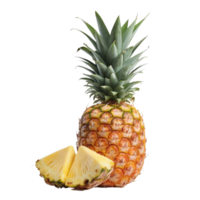 One whole pineapple and a few pineapple slices set against a clear background png