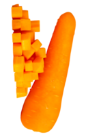 Top view of one orange carrot root with slices or pieces in cube shape in stack isolated in file format png