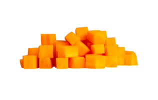 Side view of many orange carrot slices or pieces in cube shape in stack isolated in file format png