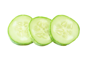 Top view of three fresh green cucumber slices in circle shape in stack isolated in file format png