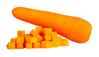 Side view photo of orange carrot roots with slices or pieces in cube shape in stack isolated in file format png
