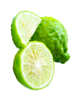 Top view photo of fresh green bergamot fruits or kaffir lime with half and quarter but no green leaf in stack isolated in file format png