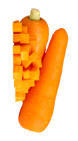 Top view of two orange carrot roots with slices or pieces in cube shape in stack isolated in file format png