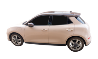 Side view of pink mini or small electric hatchback car isolated with clipping path in file format png