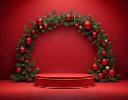Christmas 3d scene with red podium platform photo