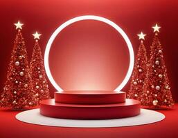 Christmas 3d scene with red podium platform photo