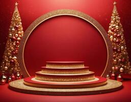 Christmas 3d scene with red podium platform photo