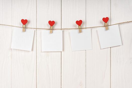 Clothespins with red hearts and empty sheets of paper on string against white wooden background photo
