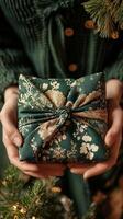 Hands holding a beautifully wrapped gift in elegant fabric with festive patterns, against a green background. Japanese Furoshiki style. Concept of sustainable and eco-friendly gift wrapping. photo
