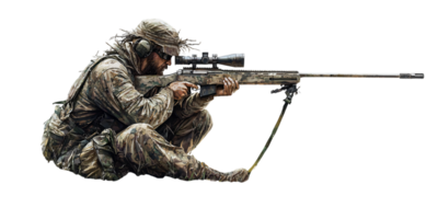 Camouflaged Sniper Targeting with High Powered Rifle png