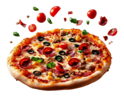 Pizza con flotante coberturas ingredientes aislado en transparente antecedentes png