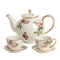 A tea set with a teapot and cups isolated on a transparent background png
