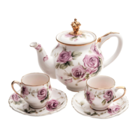 A tea set with a teapot and cups isolated on a transparent background png