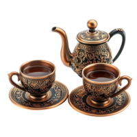 A tea set with a teapot and cups isolated on a transparent background png