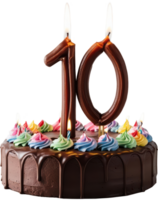 Chocolate birthday cake topped with dripping icing, colorful frosting swirls, and lit number 10 chocolate candles. Perfect for celebrations or anniversaries, isolated on white background. png